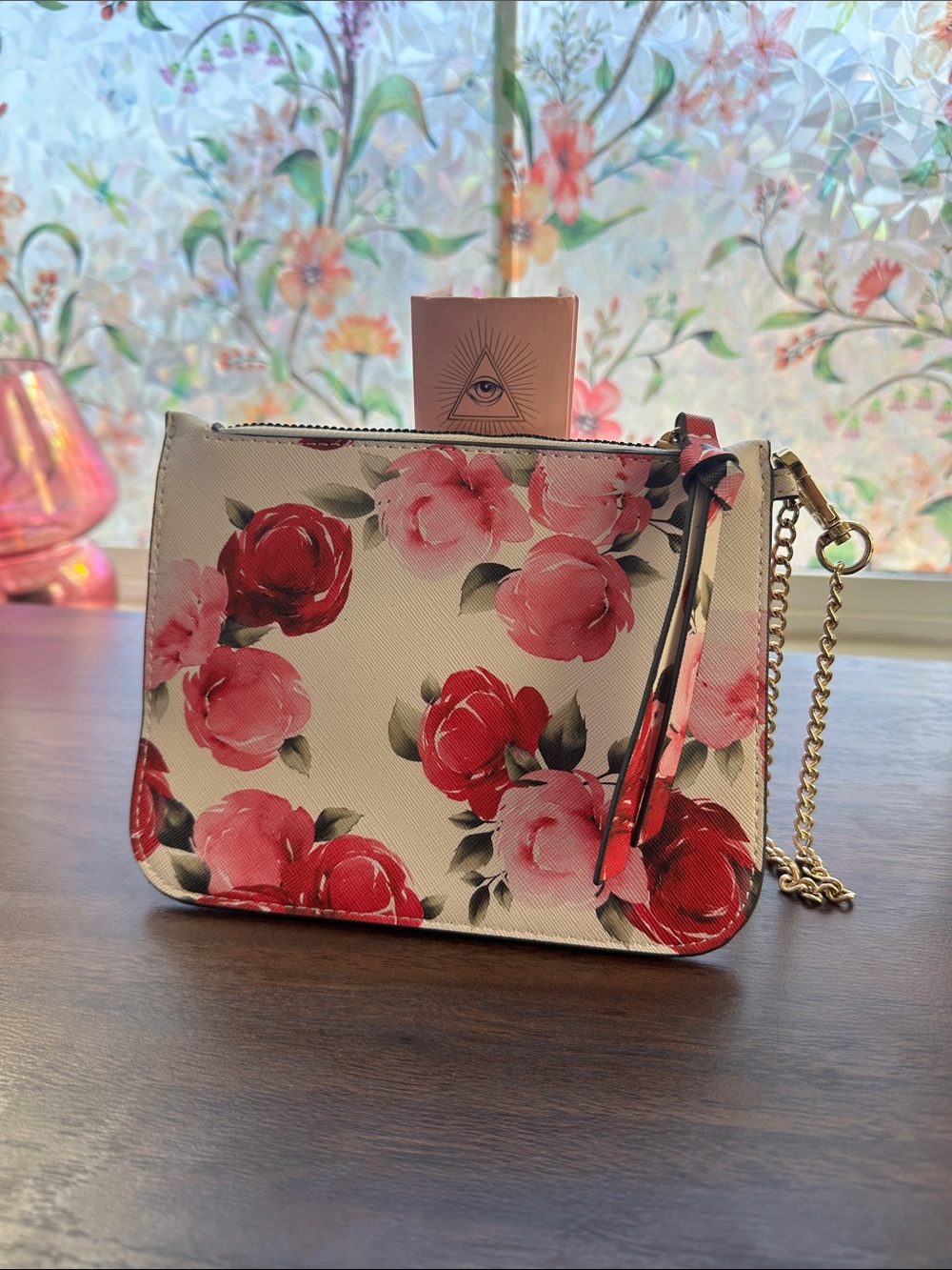 Floral pink red Rose Wristlet bracelet Wallet Pouch Gold Chain new